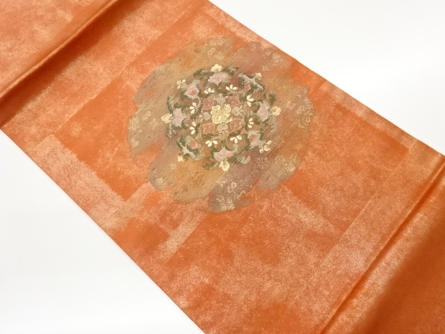 変わり丸文に華文模様織出し開き名古屋帯（額縁仕立て）